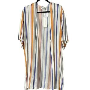 Lush Womens Size Medium Open Front Kimono Cover Up Rainbow Stripe Side Slits NWT